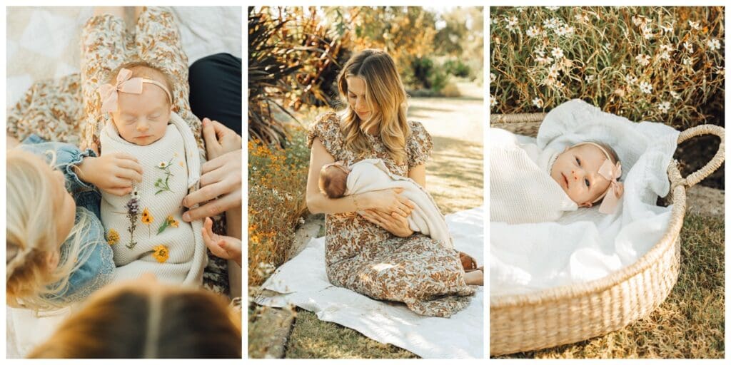 Mother holding her newborn while surrounded by wildflowers — A gentle outdoor newborn moment, full of peace and softness.