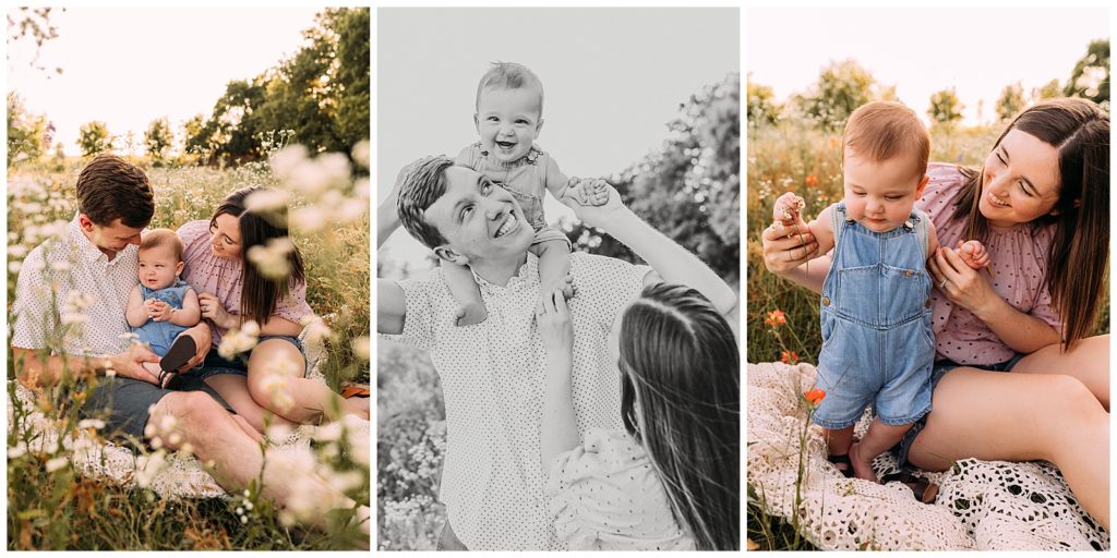 father holds young son on shoulders and mother helps infant son stand up during a lifestyle family photography session