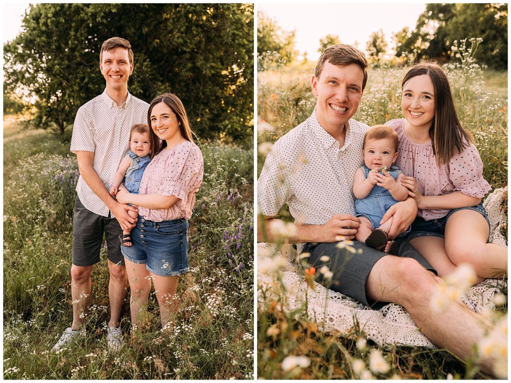 parents smile at camera with young son between them