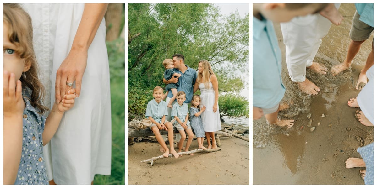 Collage of lifestyle family photography: close-up of a child holding her mother’s hand, siblings sitting on driftwood, and bare feet in the water — illustrating what is lifestyle photography.