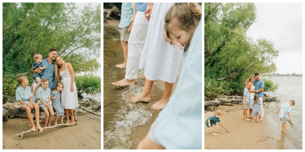 Family enjoying time together at the lake shore, walking in the water and cuddling by the trees, captured naturally to show what is lifestyle photography in action.