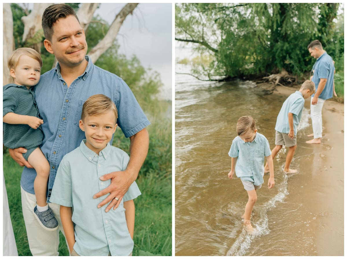 Father holding toddler with older sons by his side during a candid outdoor lifestyle session with Haley Kinzie Photography