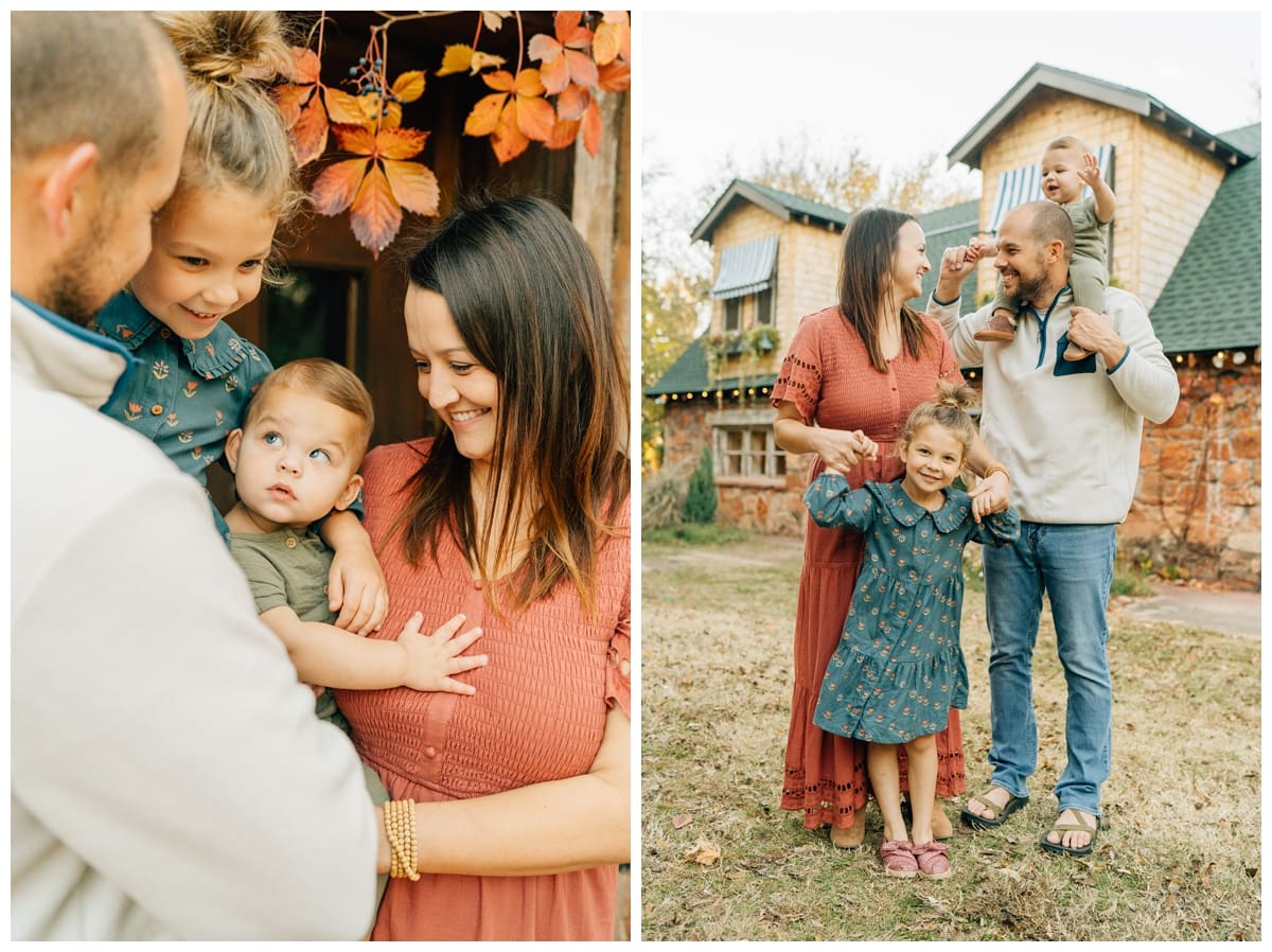 Left image: Parents hold their two young children close under autumn leaves during an Edmond family photo session. Right image: Mom in a rust dress and dad in jeans lift their daughter’s arms while their baby sits on dad’s shoulders.