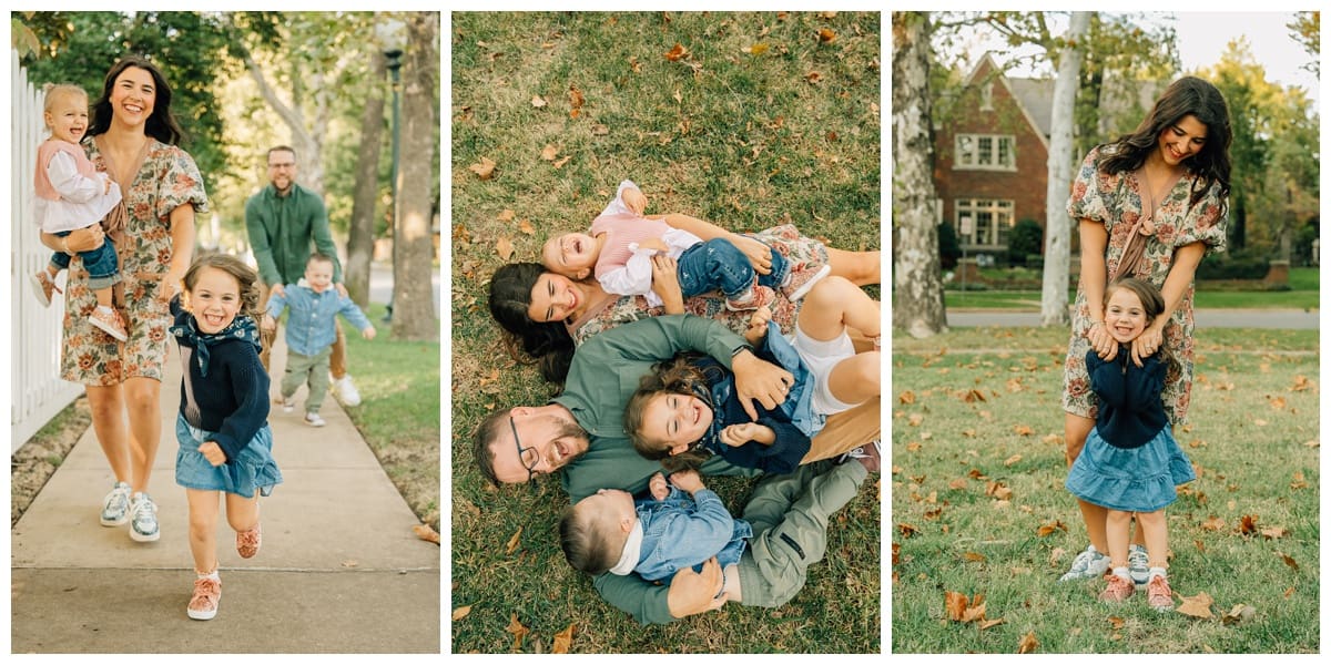 Mom in a floral dress and dad in a green shirt enjoy playful fall family photos in Edmond with their three children—running together, snuggling in the grass, and sharing hugs in coordinated casual outfits, including a daughter in a denim skirt and navy sweater.