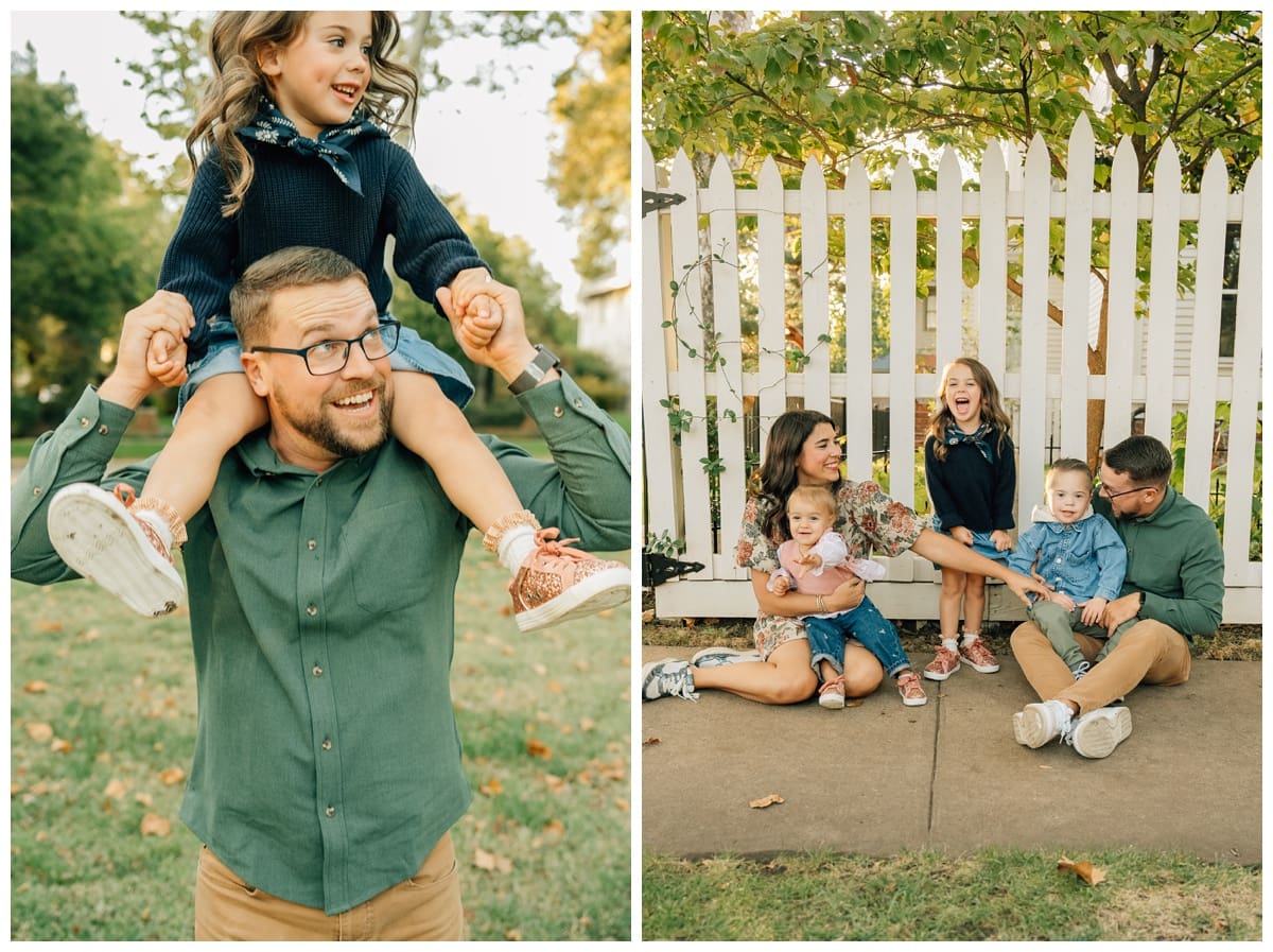 Left image: Little girl in a denim skirt and navy sweater enjoys a playful shoulder ride on her dad. Right image: Family of five sits laughing together by a white picket fence, capturing a relaxed and joyful Edmond family portrait.