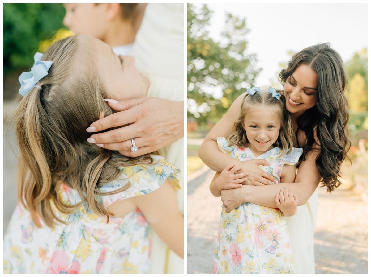 How to Dress for Spring or Summer Family Photos: Parents and children embracing and smiling in soft golden hour light.
