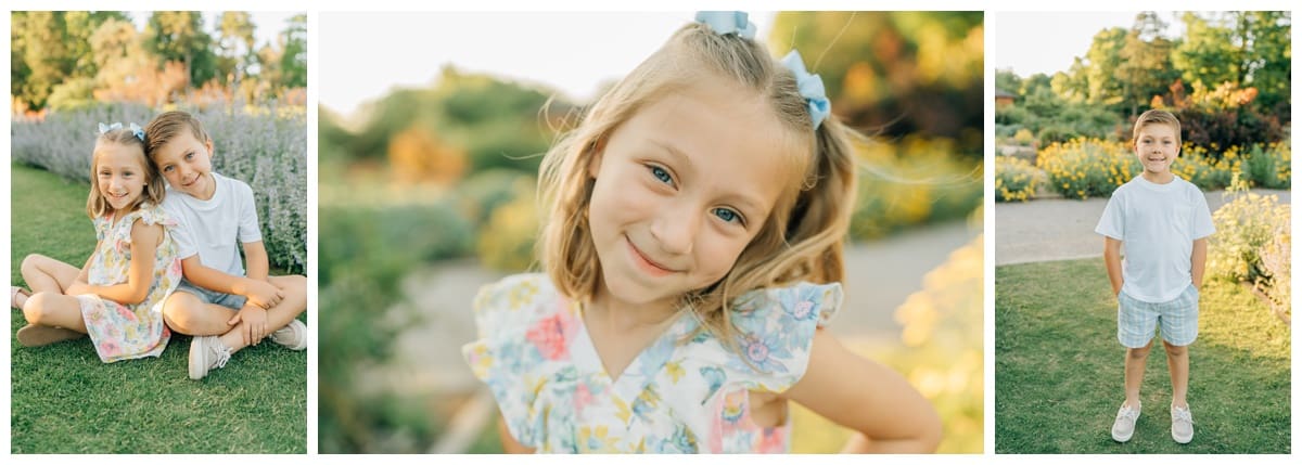 How to Dress for Spring or Summer Family Photos: Young girl in light pink sleeveless dress smiling brightly in a garden.