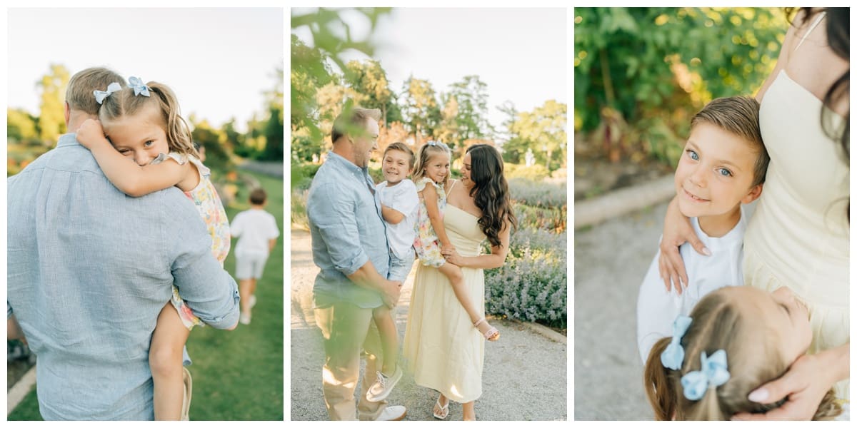 How to Dress for Spring or Summer Family Photos: Family of four in pastel blue and yellow outfits posing together in a garden path.