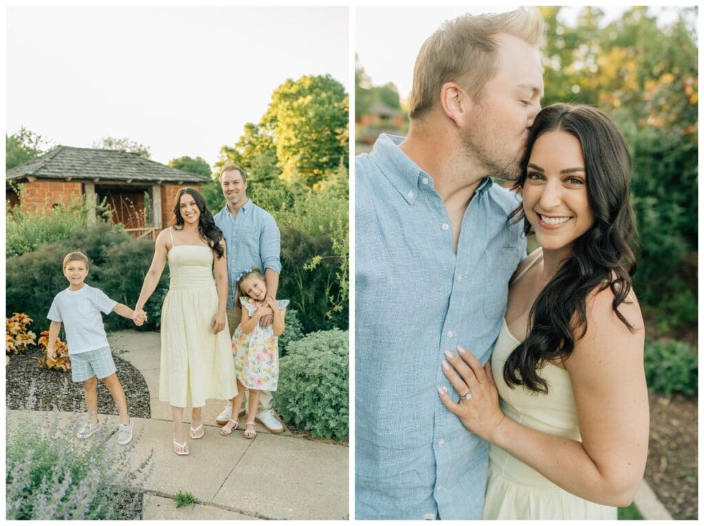 How to Dress for Spring or Summer Family Photos: Family holding hands in pastel outfits with floral and linen textures in a blooming garden.