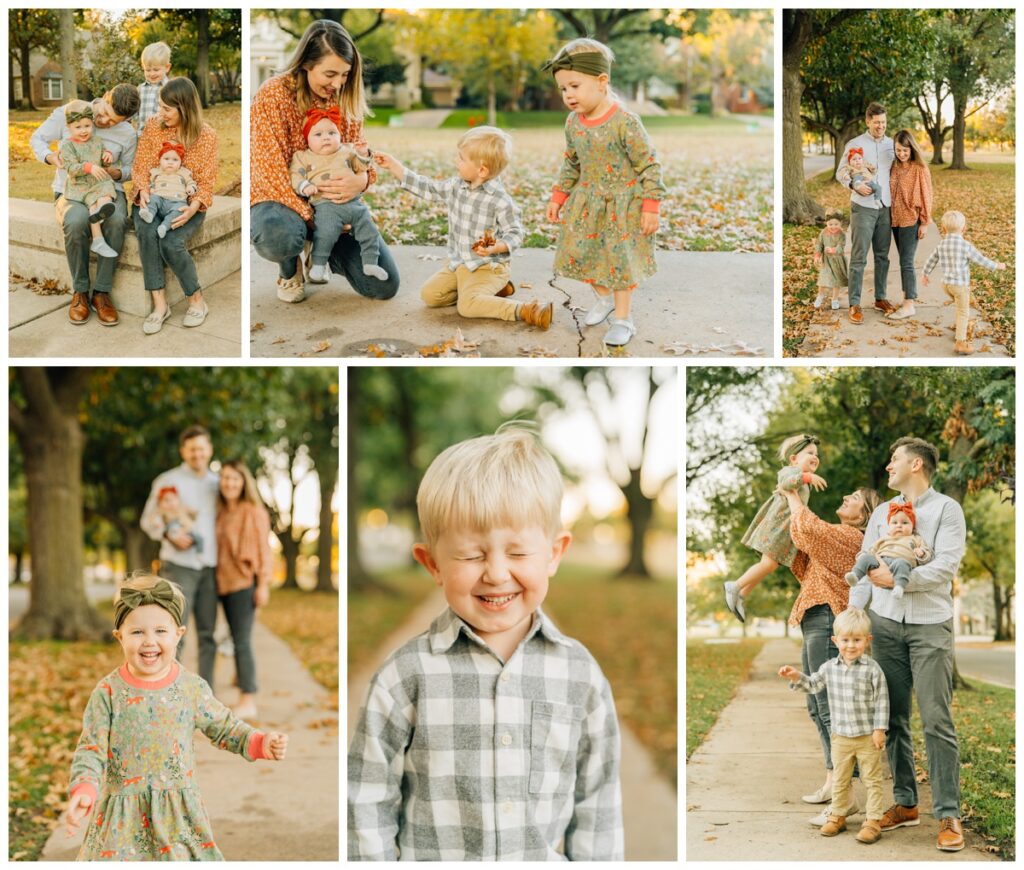 family session in fall standing on sidewalk 