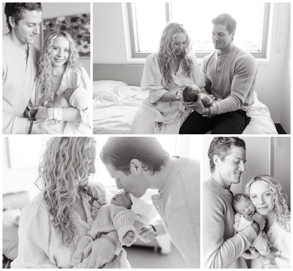 b&w pictures of mom and dad holding newborn baby in OKC fresh 48 session for photographer Haley Kinzie 