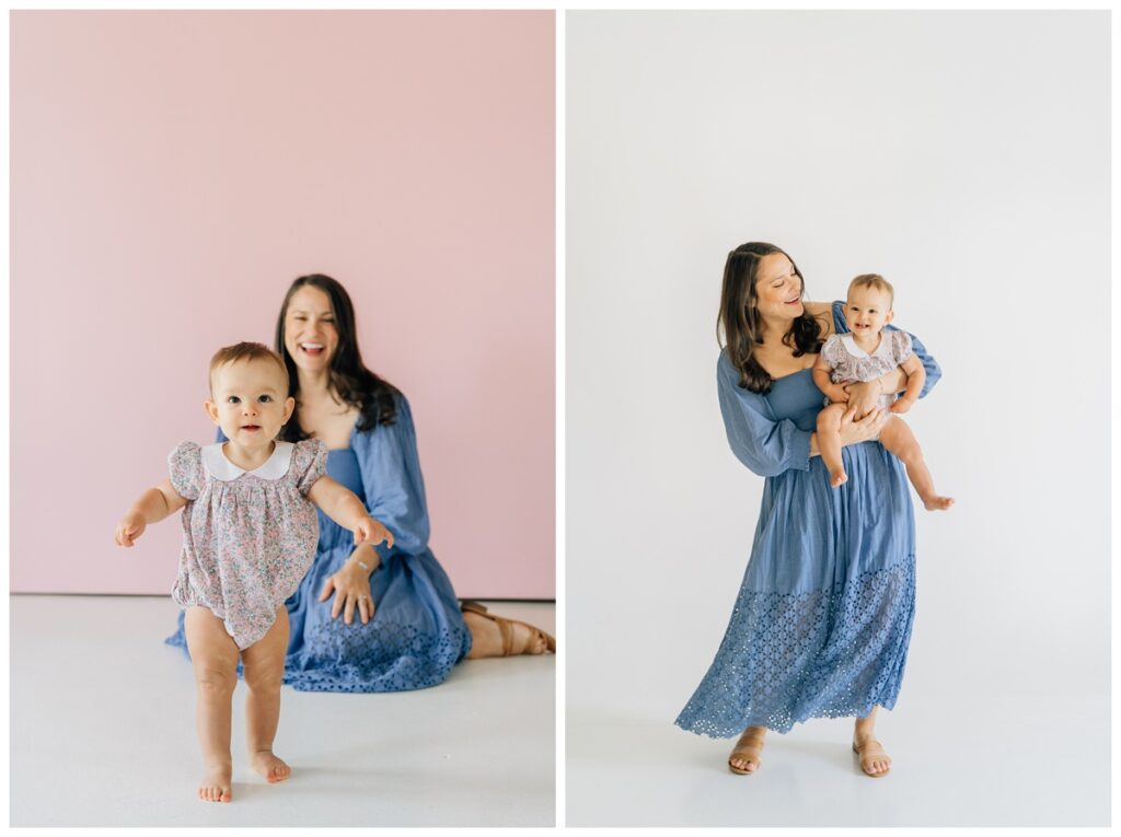 mom with one year old child posing for photos session with haley kinzie photography