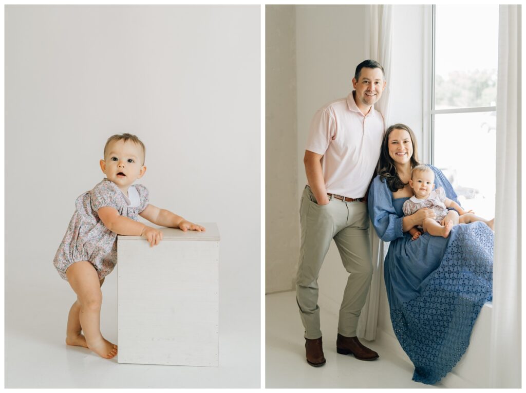 family posing for pictures in studio session in okc 