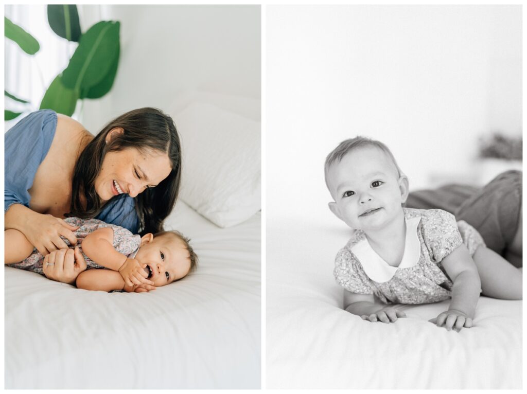 happy mom and baby posing for family photos in okc photography studio session 