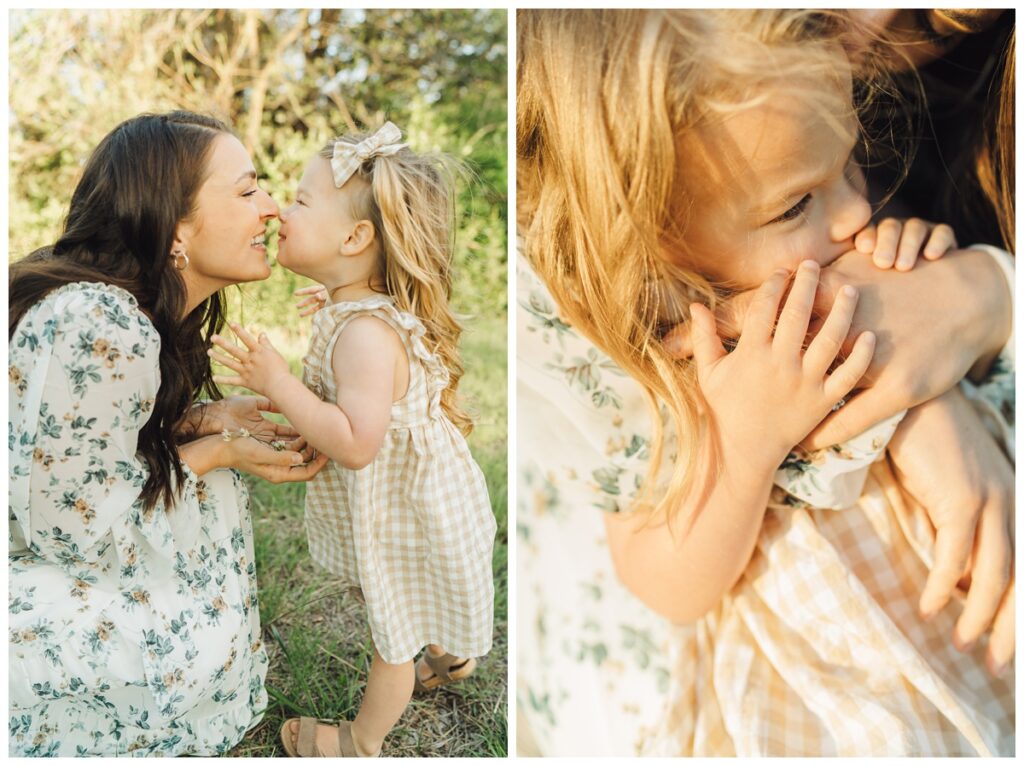 mother and child snuggling close outdoor for mother's day pictures