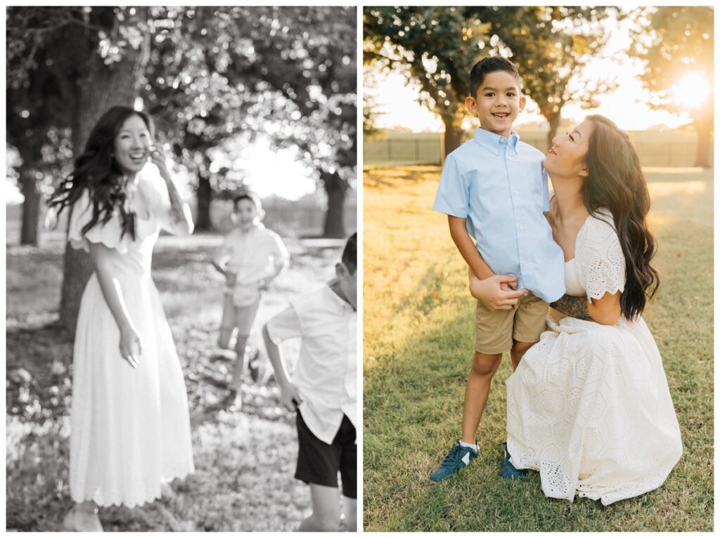 mother and two sons outside playing at golden hour for session with photographer Haley Kinzie