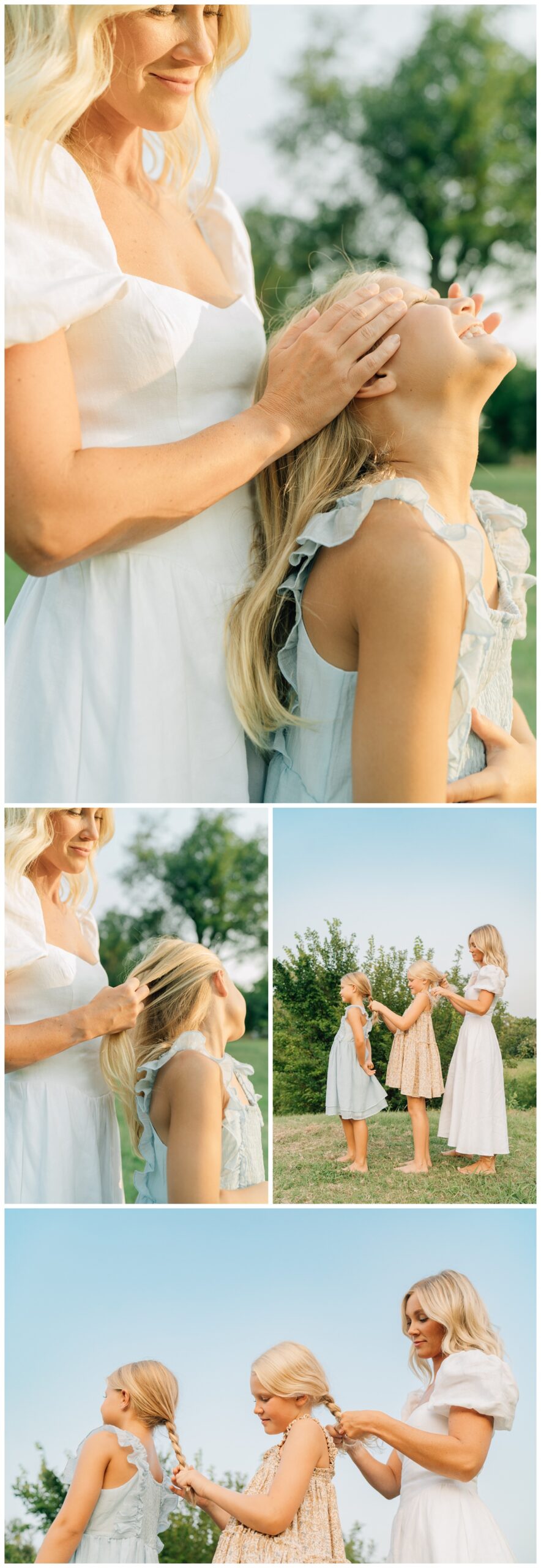 mother's day picture ideas of mom and two girls braiding hair in outdoor motherhood photo session 