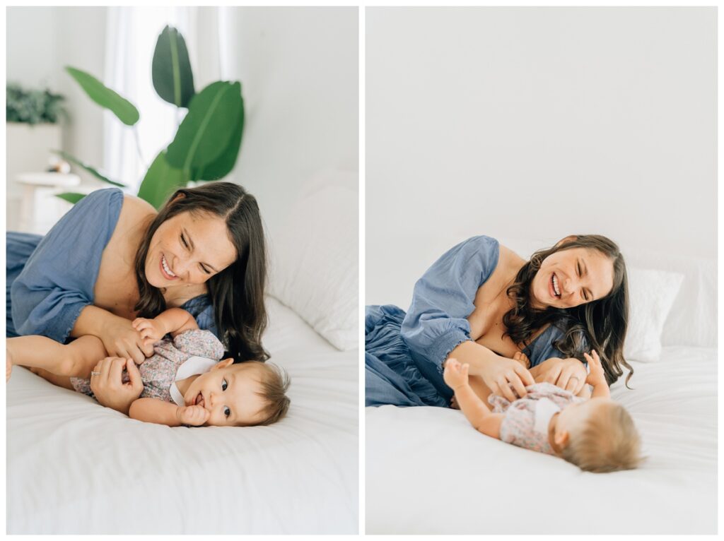 mother's day picture ideas of mom tickling child in photo session