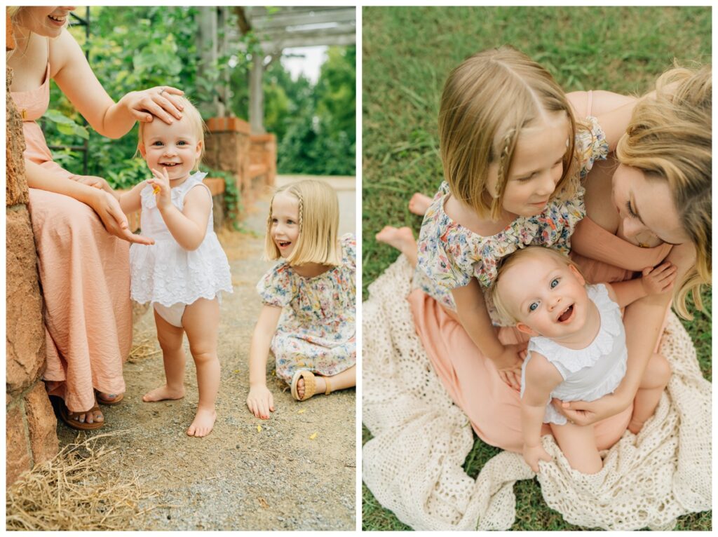 mother with her two children sitting playfully motherhood session 