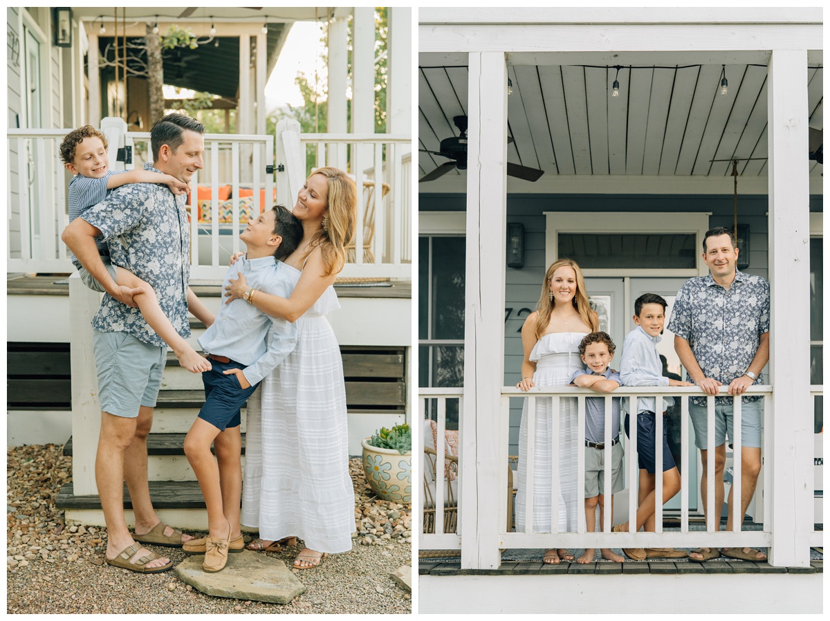 Family of four posing for photos on front porch with Haley Kinzie