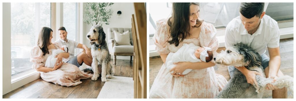 New parents posing for newborn session with thier family dog 