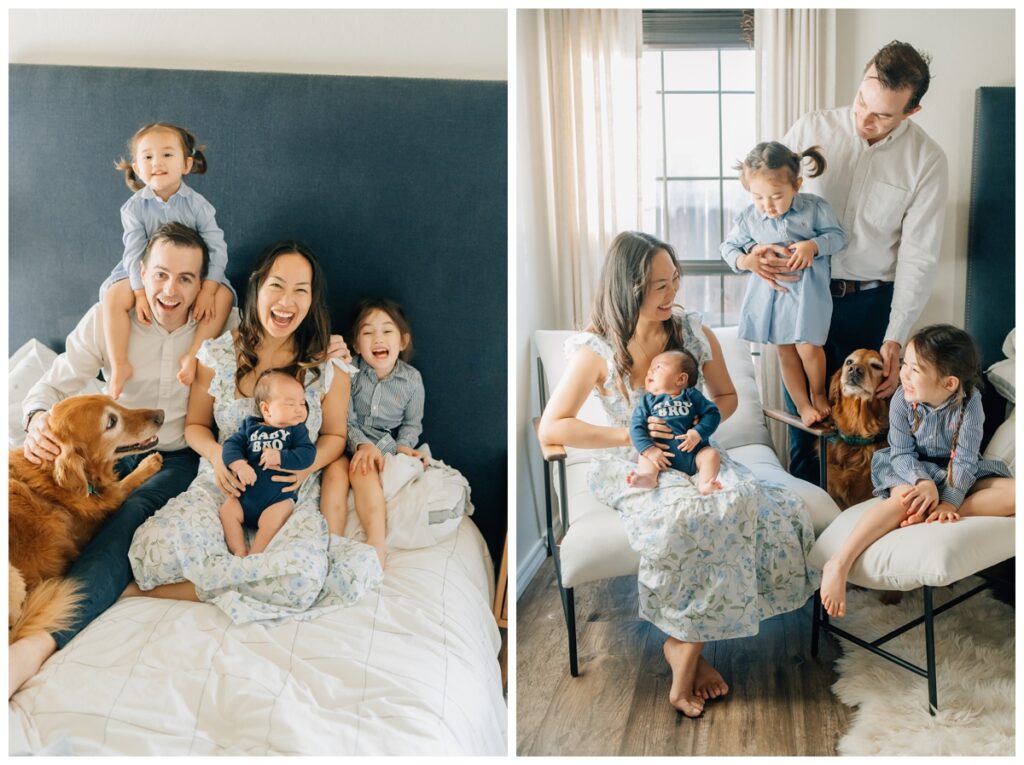 family sitting with three young children sitting on bed with the family golden retriever