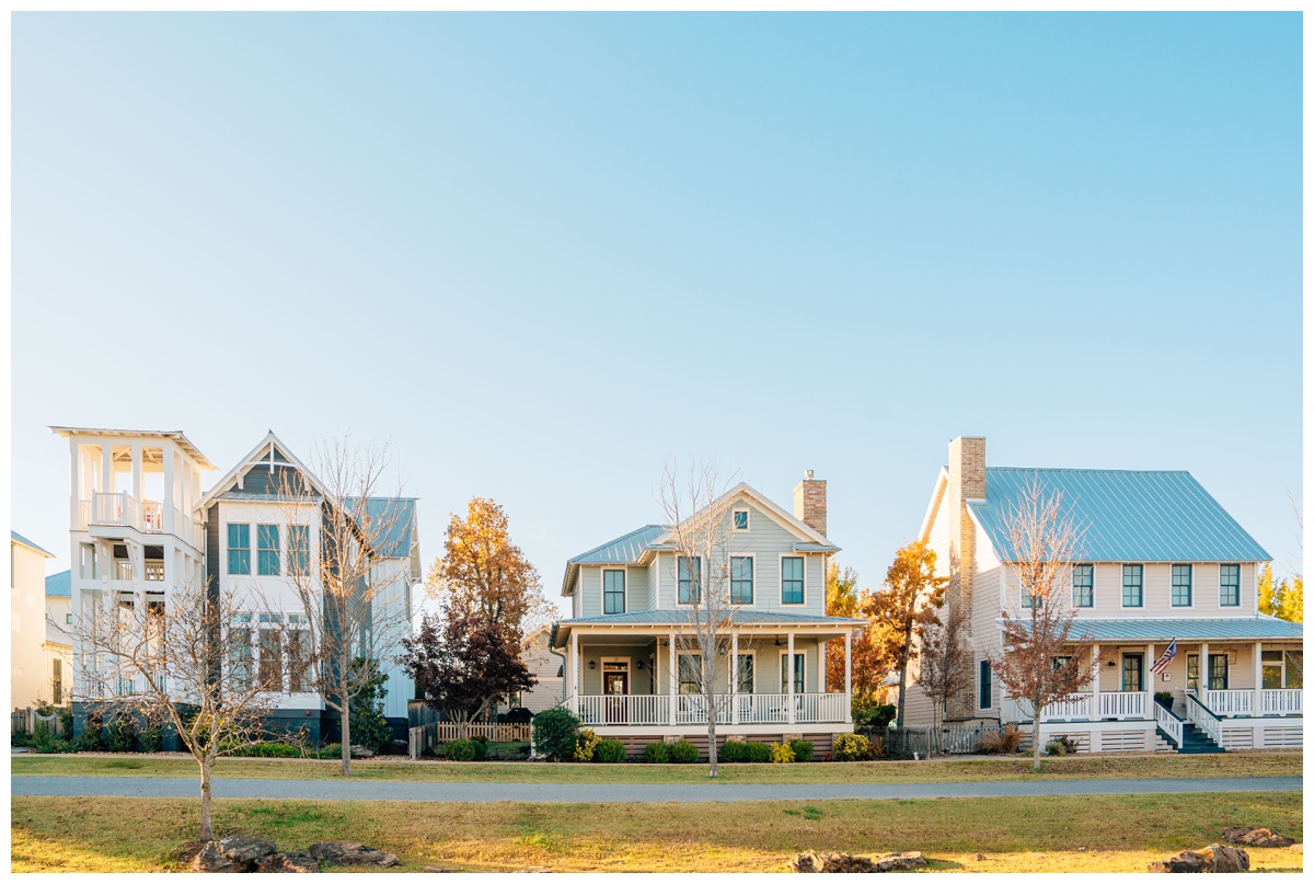 Row of charming homes. Dreamy views in Carlton Landing, Oklahoma—the perfect setting for a storytelling-focused family photography workshop.
