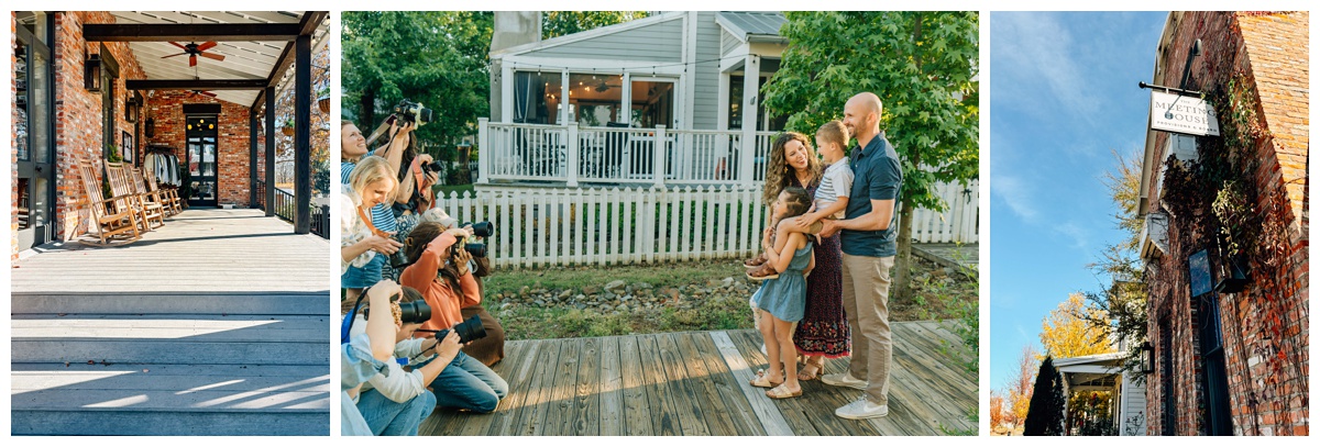 Family photography workshop details & attendees photographing a session. The Guiding Light retreat blends porch hangs, photo sessions, and hands-on education in a cozy lake town.