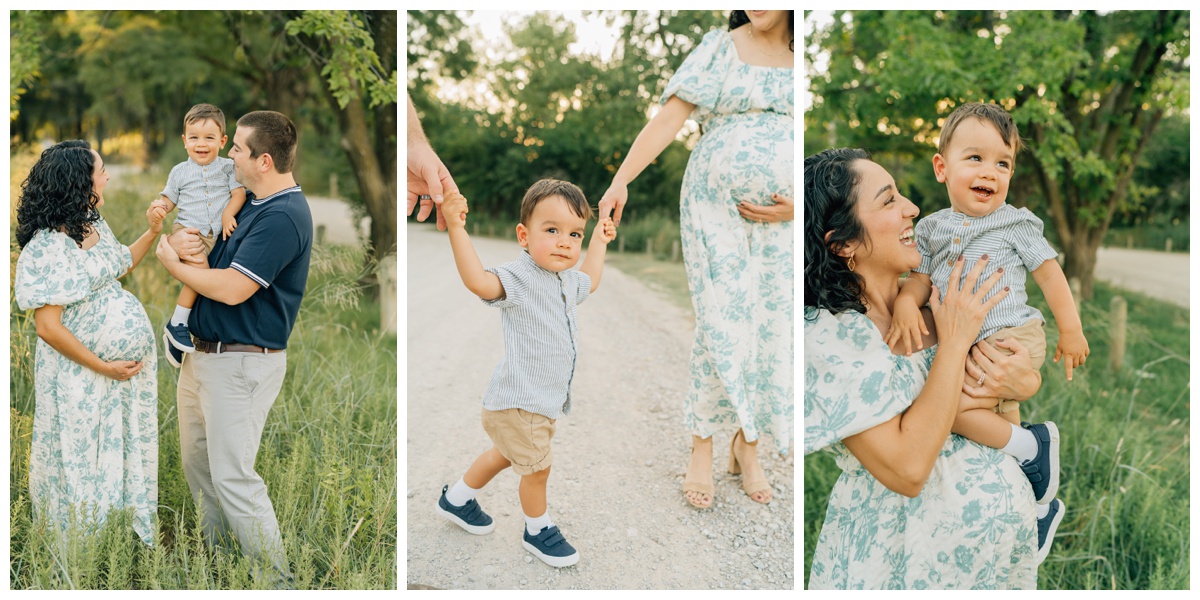 mom dad and toddler posing in maternity session 