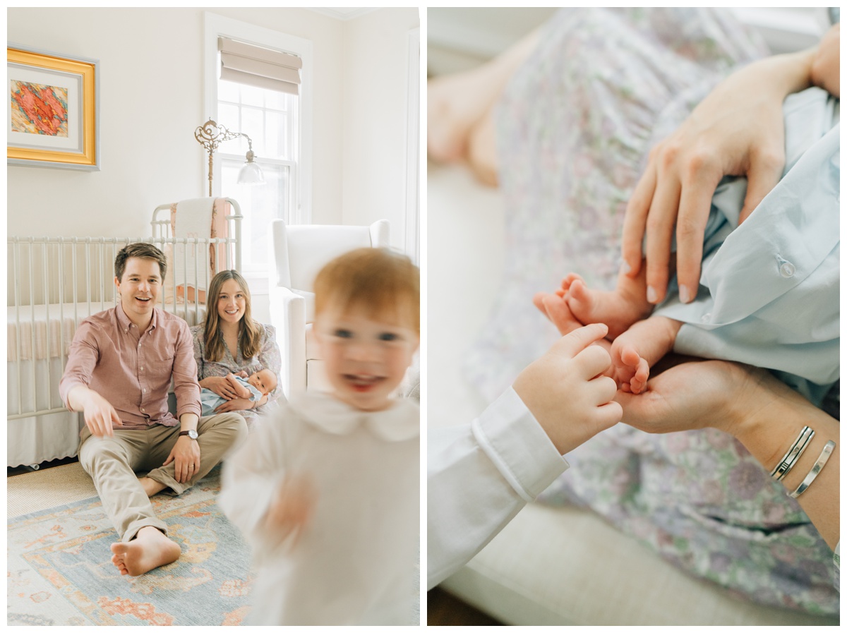 toddler boy running fast in nursery and gently reaching to touch newborn babies toes
