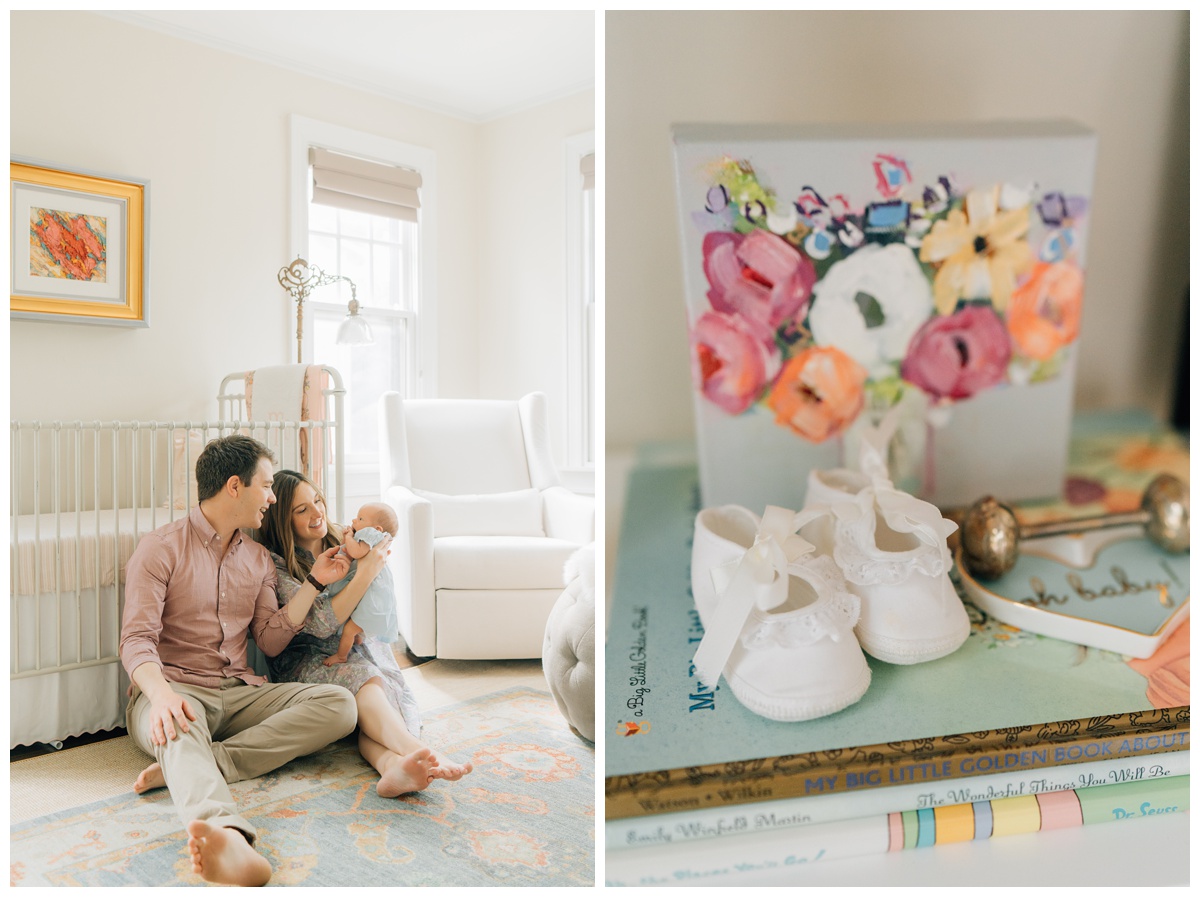Details in home lifestyle newborn photo session of the nursery. Mom and dad sitting infront of crib with newborn 