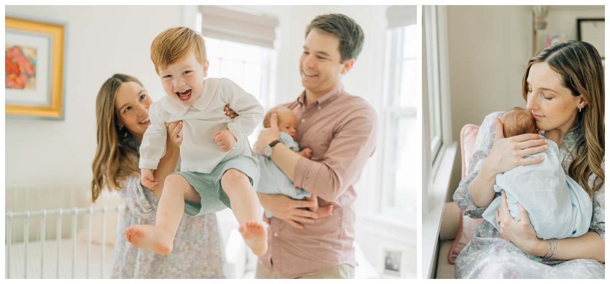 mom holding baby in nursey chair and  entergic toddler boy laughing at camera