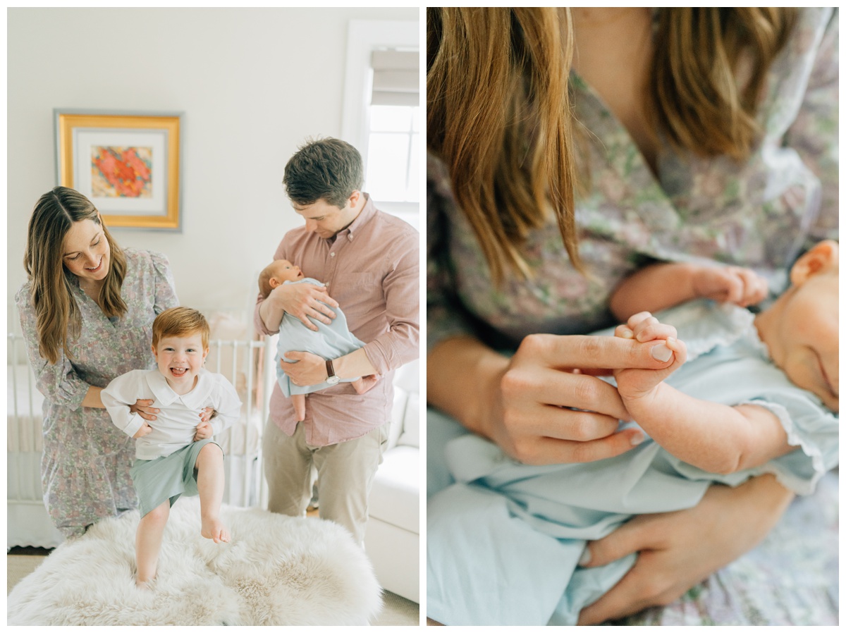 First image: active toddler brother with mom and dad holding newborn. second image:  mom holding newborn baby's fingers