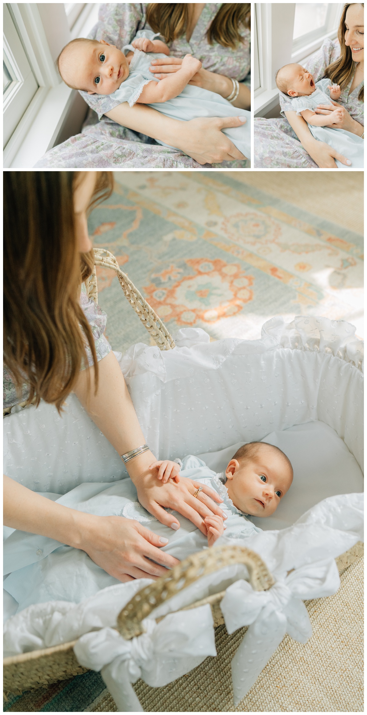 In Home Lifestyle Newborn Photo of baby in the bassinet with mom checking on newborn 