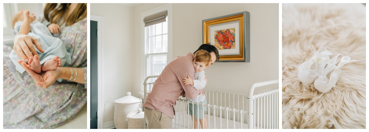 detail photos of mom holding newborns feet, dad picking toddler up out of crib, and detail images of baby shoes