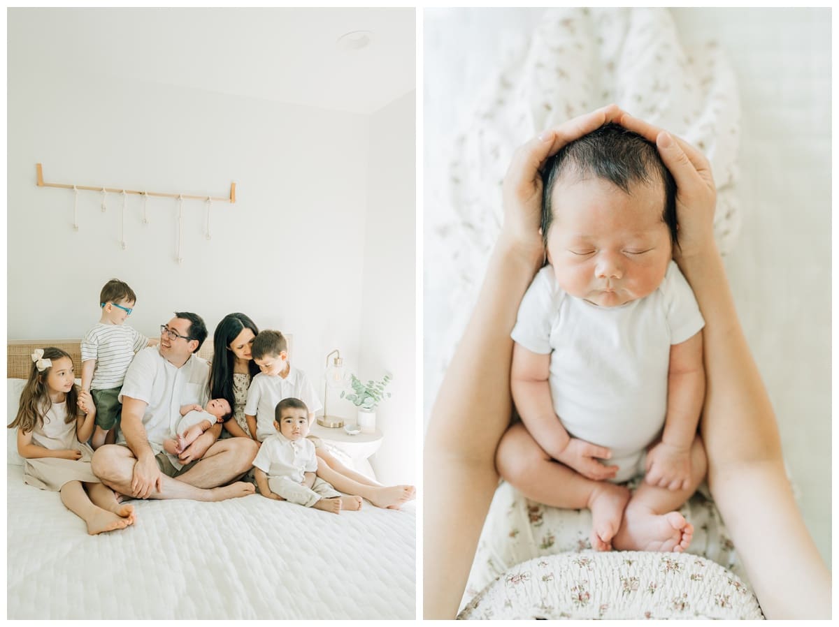 Left: Family poses together on a bed with parents and five children, smiling while holding their newborn. Right: Newborn baby in a simple family pose, cradled gently in a parent’s hands while sleeping.