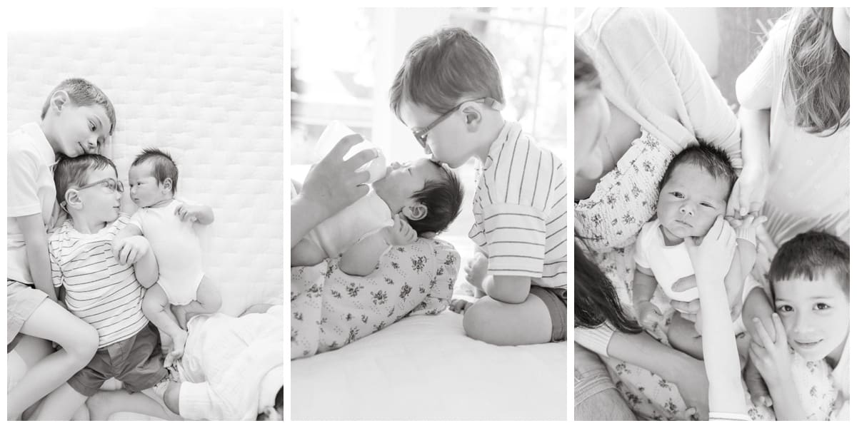 Left: Brothers in a sweet family pose lying on the bed with their newborn sibling. Center: Toddler leans in to kiss the baby’s forehead in a tender family pose. Right: Family pose with siblings gathered close around their newborn.