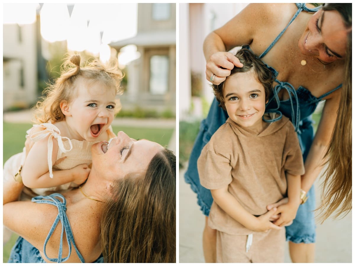Left: Family pose of mother lifting toddler in the air while laughing. Right: Mother and son share a playful family pose as she fixes his hair.
