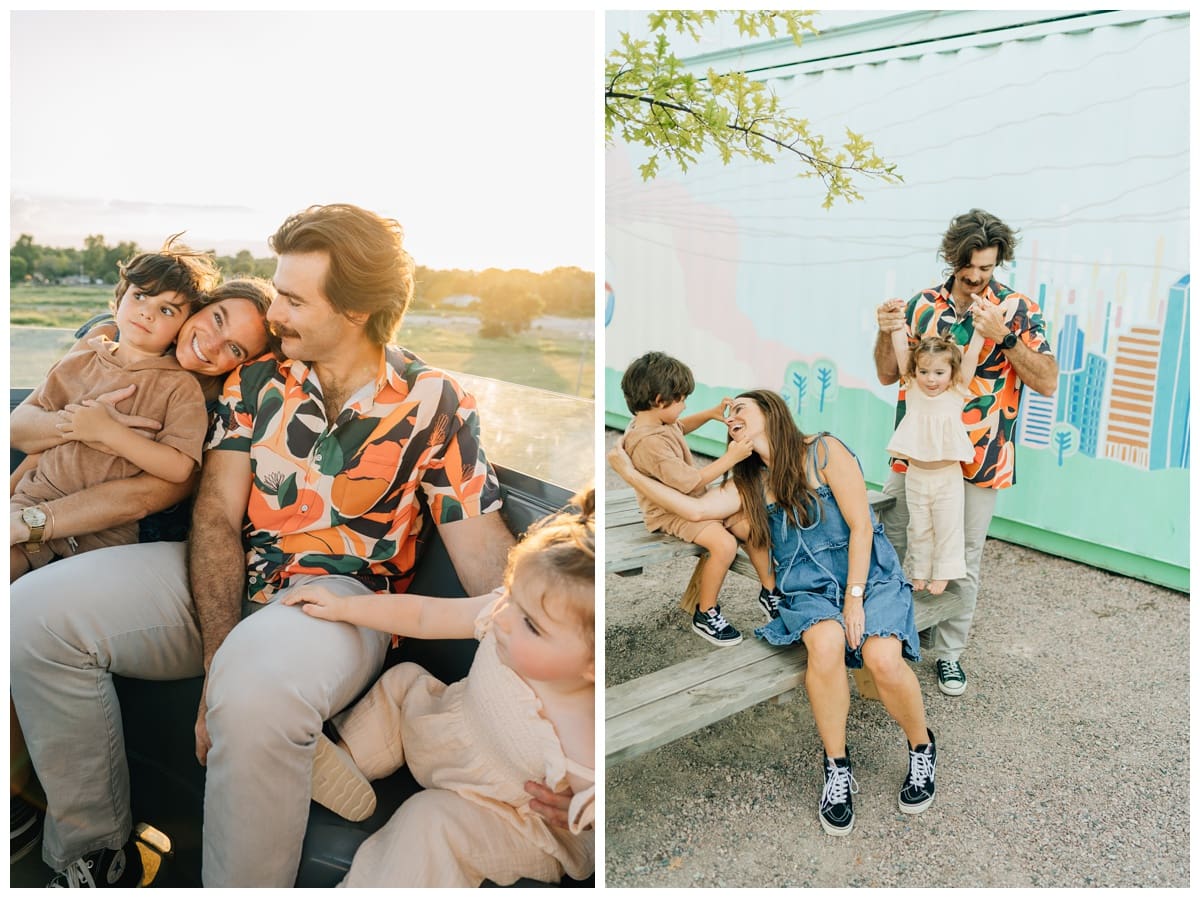 Left: Cozy family pose on a ride at sunset, cuddling close with children. Right: Playful family pose outdoors with mom and son laughing while dad lifts daughter.