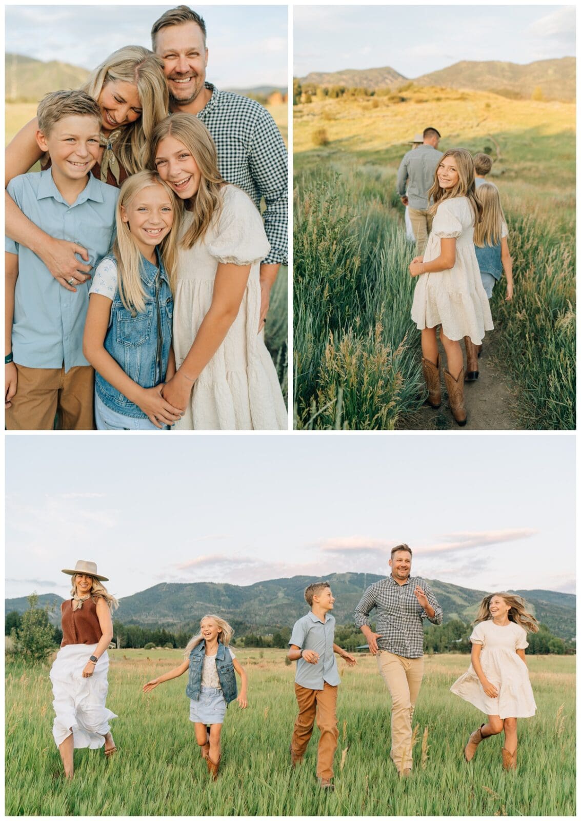 Top left: Parents and three children smiling closely together in a cozy family pose during a Haley Kinzie family session.
Top right: Family walks along a grassy trail with mountains in the background, a candid family pose with Haley Kinzie Photography.
Bottom: Parents and kids run through an open field in a playful family pose, captured by Haley Kinzie Photography.