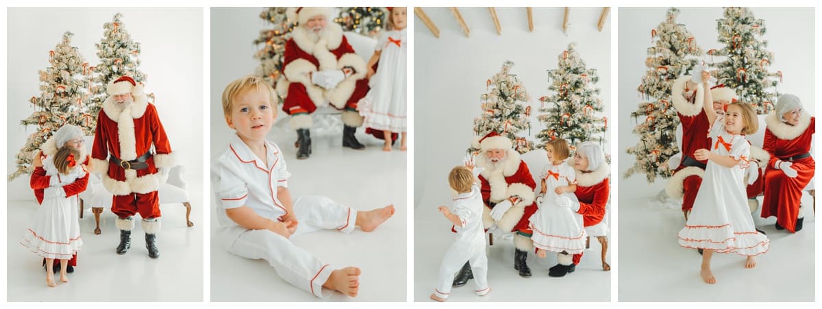 Children in pajamas and dresses laugh, twirl, and play with Mr. and Mrs. Claus in front of snowy Christmas trees.
