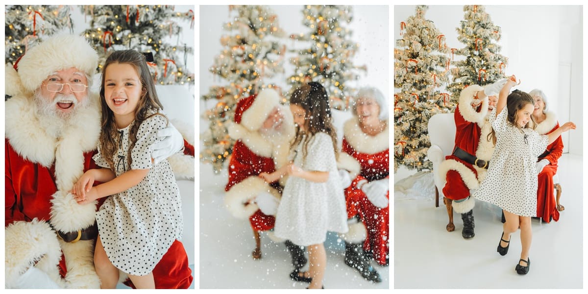 Young girl in a polka dot dress hugs Santa, twirls in falling snow, and dances in front of Christmas trees.