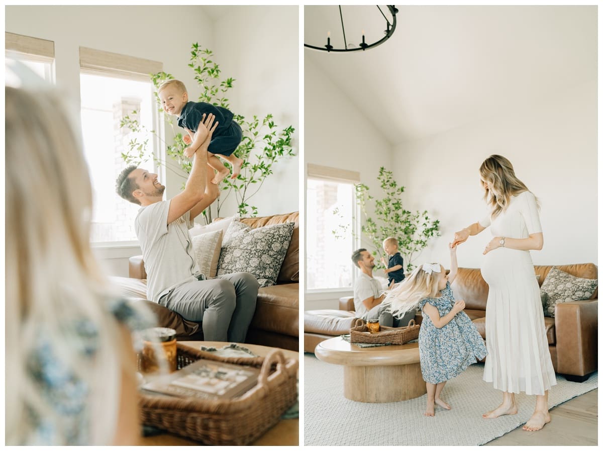Dad lifting toddler with laughter during an in-home maternity session — A joyful moment of connection captured by Oklahoma family photographer Haley Kinzie.