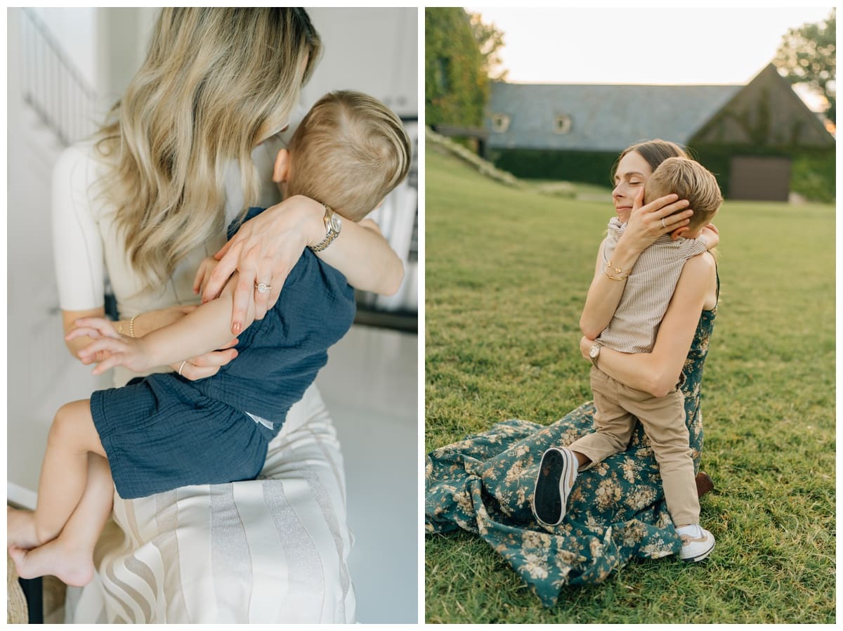 Mom hugging her son tightly outdoors at sunset — Golden light, soft tones, and heartfelt connection in this Oklahoma family session.