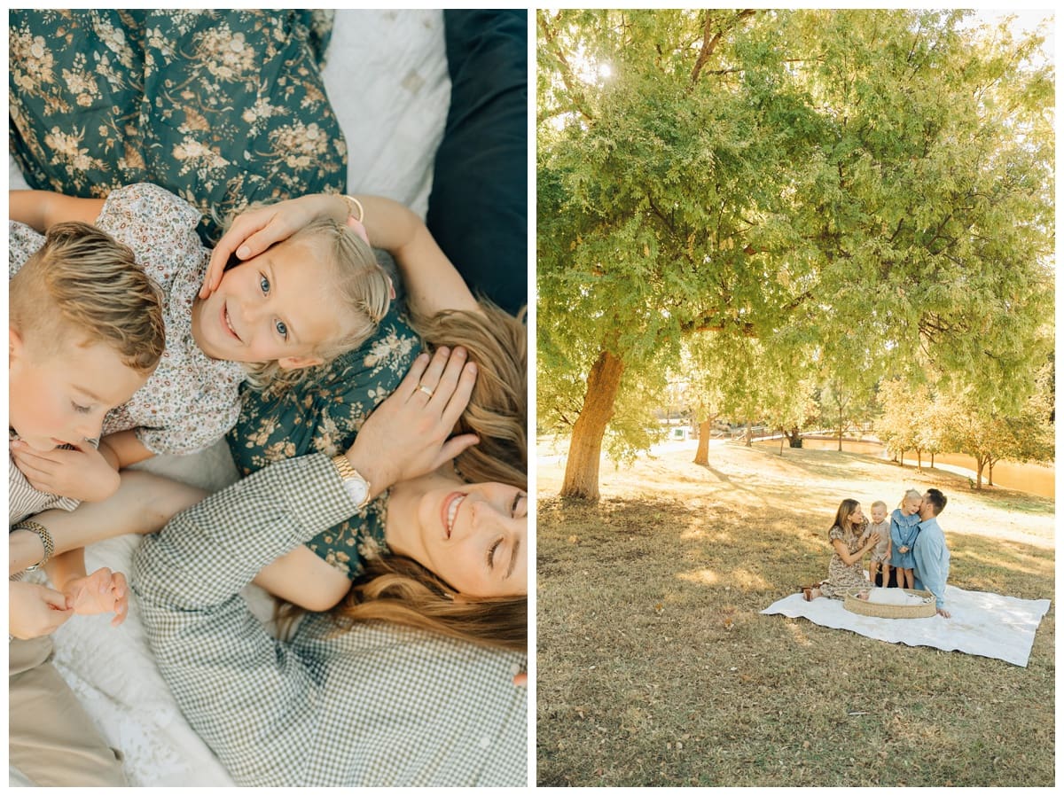 Family under autumn trees with newborn baby in a basket — A peaceful Oklahoma fall family session surrounded by golden leaves.