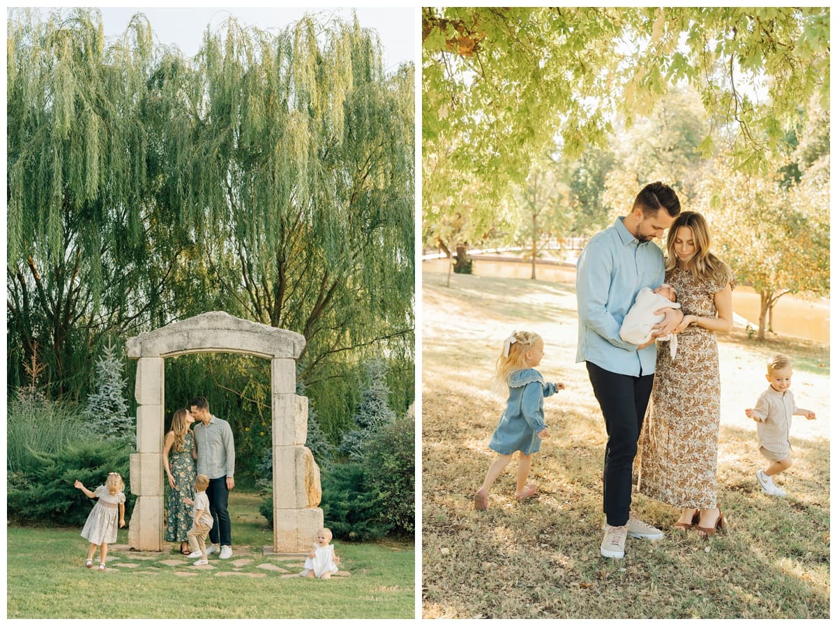 Family walking hand-in-hand at sunset, with kids exploring the grass — A beautiful outdoor scene captured by Oklahoma family photographer Haley Kinzie.
