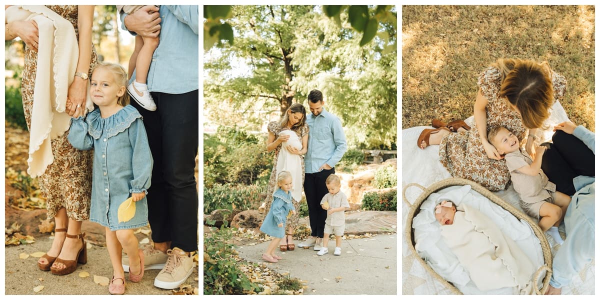 family of 5 in outdoor newborn session in autumn with Haley Kinzie Photography