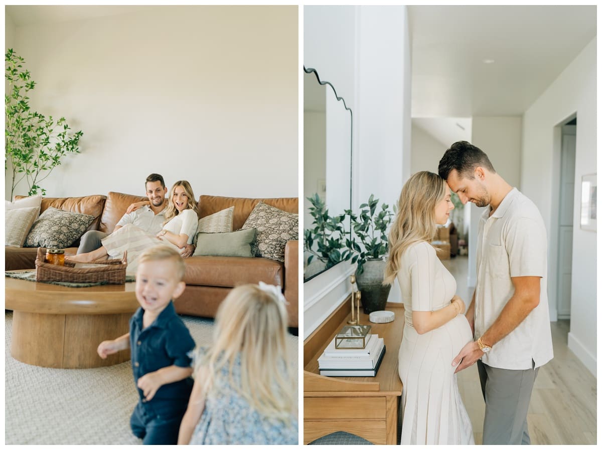 Mom and dad close together on couch while watching kids in living room in Oklahoma maternity session