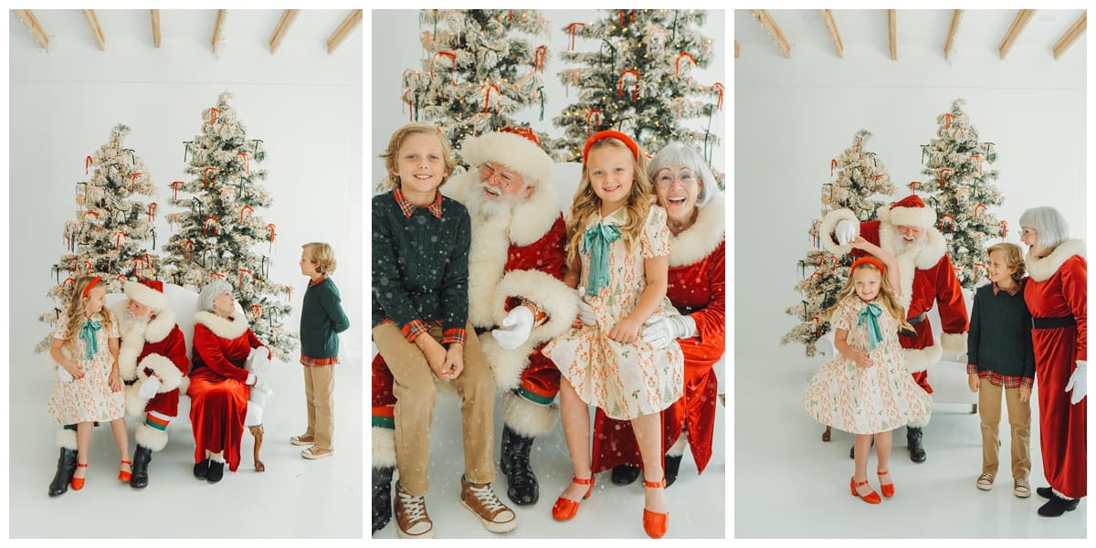 Children in studio Santa session dressed seasonally with family Christmas photo outfits