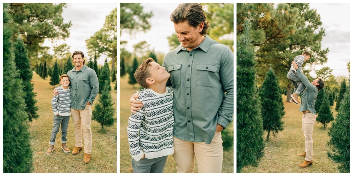 father and son in Christmas tree farm for family Christmas photos cordinating with sweater and button down.